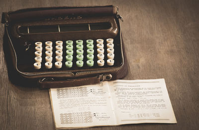 High angle view of text on book on table