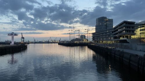 Scenic view of river against sky at sunset