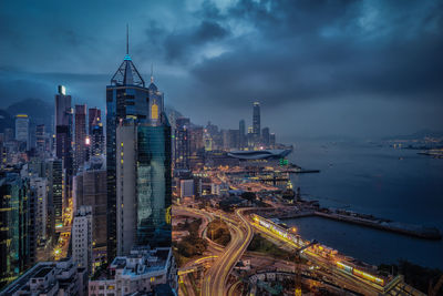 Aerial view of buildings against cloudy sky at dusk