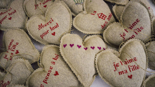 High angle view of heart shapes cushions for sale in shop