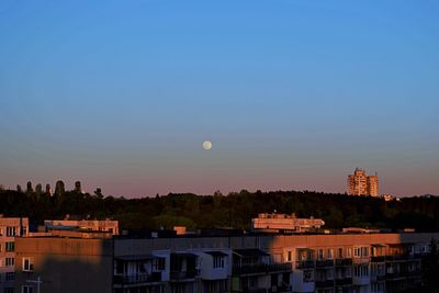 Cityscape against clear sky at sunset