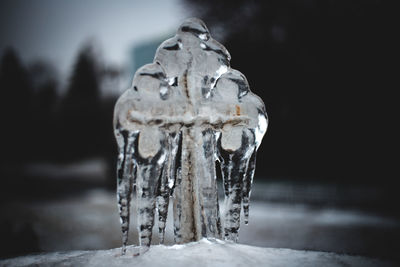 Close-up of icicles on table