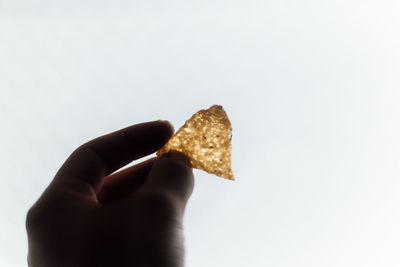 Close-up of hand holding bread against white background