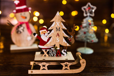 Close-up of christmas decorations on table