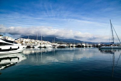 Boats moored at puerto banus against sky