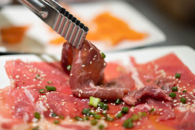 Close-up of chopped vegetables in plate