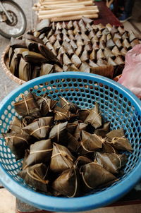 High angle view of steamed rice in banana leaves