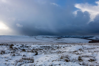 Snow covered land against sky