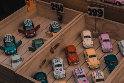 High angle view of toys on table