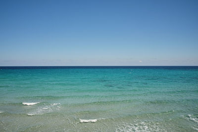 Scenic view of sea against clear blue sky