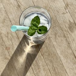High angle view of drink on table
