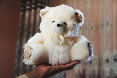 Close-up of hand holding white stuffed toy