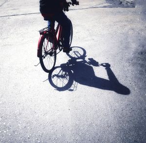 Low section of person riding bicycle on road