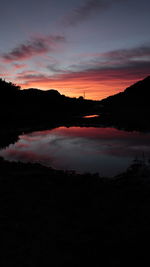 Scenic view of lake against romantic sky at sunset