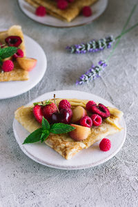 High angle view of breakfast on table