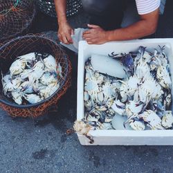 Cropped image of vender with crabs for sale at market