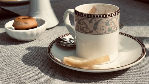 Close-up of coffee served on table