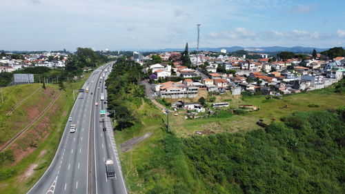 High angle view of cityscape against sky