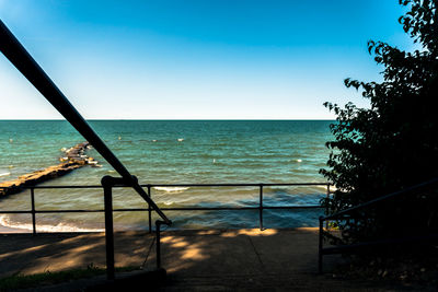 Scenic view of sea against clear blue sky