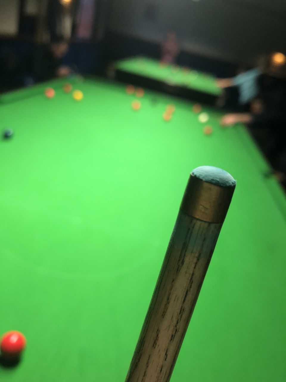 CLOSE-UP OF BALL ON TABLE AT POOL