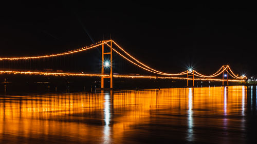 Illuminated bridge over river at night