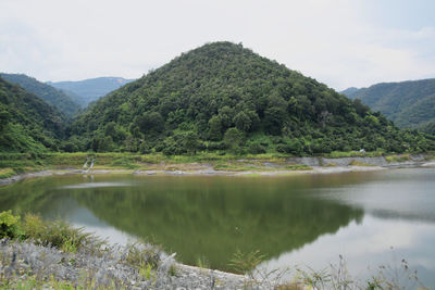 Scenic view of lake and mountains against sky