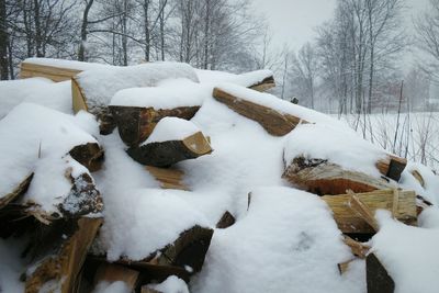 Snow covered woodpile during winter