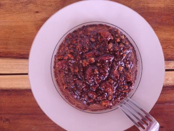High angle view of ice cream in bowl on table