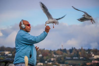 Low angle view of seagulls flying against sky