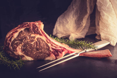 Close-up of food served on table