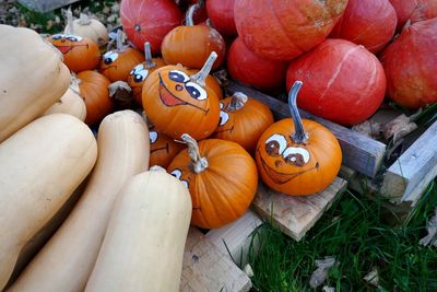 High angle view of pumpkins for sale