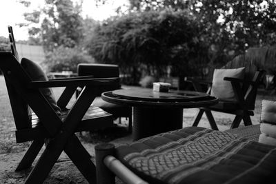 Empty chairs and tables in cafe