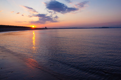 Scenic view of sea against romantic sky at sunset