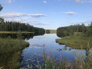 Water route and scenic view of lake against sky in green  in finland 