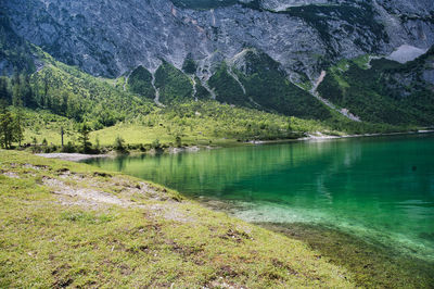 Scenic view of lake by mountains