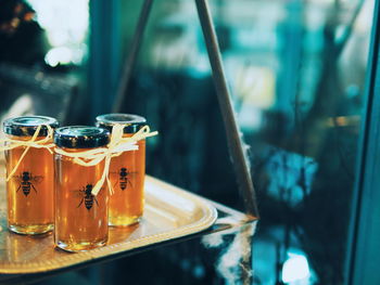 Close-up of glasses on table