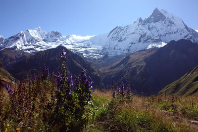 Scenic view of snowcapped mountains against sky