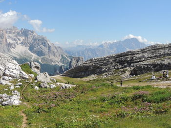 Scenic view of field and mountains against sky