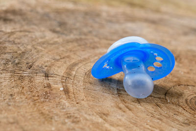 High angle view of blue toy on table