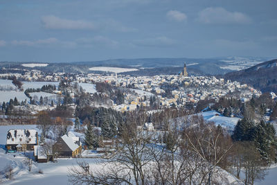 High angle view of cityscape during winter