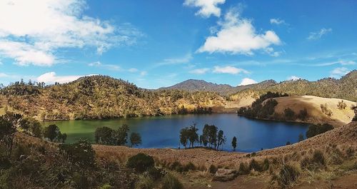 Panoramic view of lake and mountains against sky