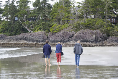 Rear view of three people on beach