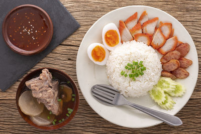 Directly above shot of breakfast served on table