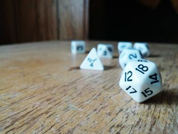 Close-up of numbered cubes on table