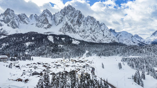 Mountain in the snow. sappada, geometries and panoramas from above.