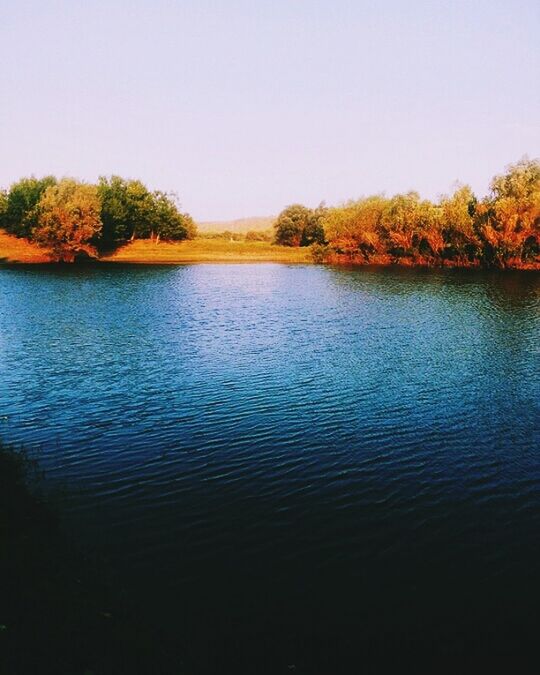 SCENIC VIEW OF LAKE AND TREES AGAINST CLEAR SKY