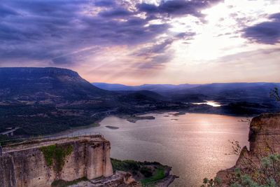 High angle view of lake against sky during sunset