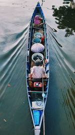 High angle view of boat moored in river