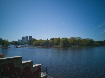 Scenic view of lake against clear blue sky