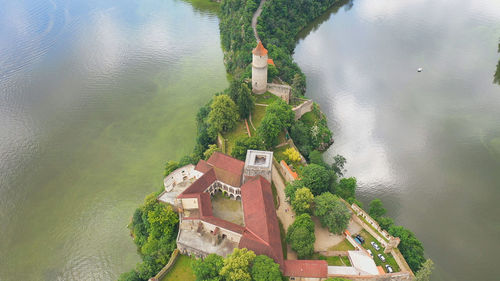 High angle view of building by lake